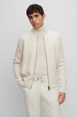 Suéteres Hugo Boss Bomber-style Zip-up Cardigan In Lana And Algodon Hombre Blancos | 01923-OGXW