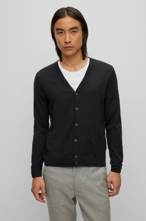 Suéteres Hugo Boss Button-up Cardigan In Virgin Lana With Embroidered Logo Hombre Negros | 63978-YDIK