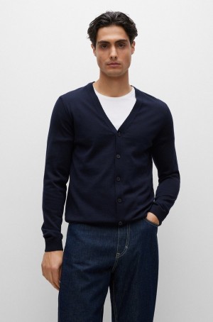 Suéteres Hugo Boss Button-up Cardigan In Virgin Lana With Embroidered Logo Hombre Azules Oscuro | 32695-GHSU