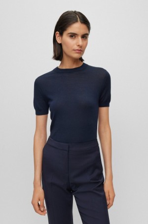 Suéteres Hugo Boss Corta-sleeved In Merino Lana Mujer Azules Oscuro | 35607-WBYM