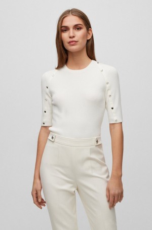 Suéteres Hugo Boss Corta-sleeved In Stretch Fabric With Hardware Details Mujer Blancos | 25643-ZREA