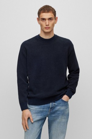 Suéteres Hugo Boss Crew-neck In Acanalado Algodon Hombre Azules Oscuro | 18736-LASI