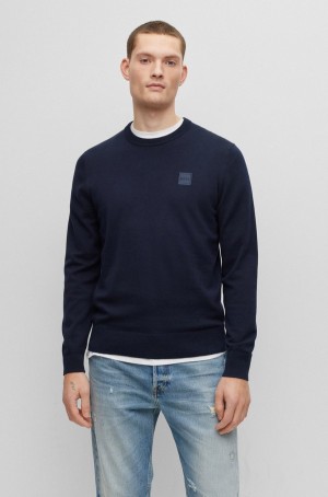 Suéteres Hugo Boss Crew-neck In Algodon And Cashmere With Logo Hombre Azules Oscuro | 72580-NQME
