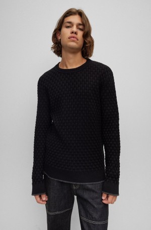 Suéteres Hugo Boss Crew-neck In Algodon With Woven Structure Hombre Negros | 07549-HILV