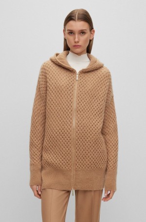 Suéteres Hugo Boss De Punto Encapuchado With Zip Closure Mujer Beige | 14289-IWKM