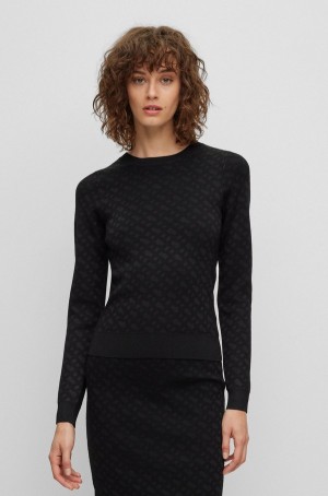 Suéteres Hugo Boss De Punto Jacquard-pattern With Logo Trim Mujer Negros | 74208-WJFO