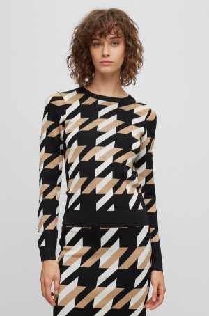 Suéteres Hugo Boss De Punto Jacquard-pattern With Logo Trim Mujer Negros Blancos Beige | 04831-ACGX