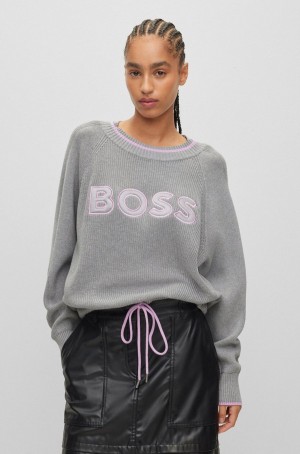 Suéteres Hugo Boss Drawstring-hem Logo In Algodon And Virgin Lana Mujer Plateados | 08259-CDHY