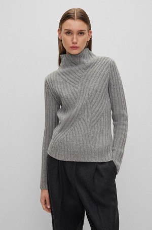 Suéteres Hugo Boss Funnel-neck In Virgin Lana And Cashmere Mujer Grises | 94053-JKXT