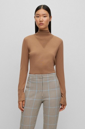 Suéteres Hugo Boss High-neck In Mixed-knit Silk Mujer Beige | 81295-EQFI