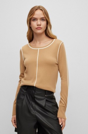 Suéteres Hugo Boss Lana-cashmere Regular-fit With Contrast Details Mujer Beige | 57691-RJEF