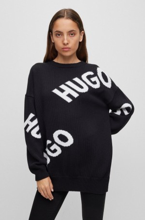 Suéteres Hugo Boss Logo-intarsia In An Organic-cotton Blend Mujer Negros | 43675-IKUE
