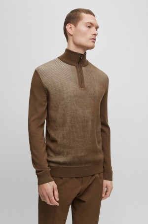 Suéteres Hugo Boss Mixed-material Zip-neck In Lana-cotton Blends Hombre Kaki | 18650-CDLE
