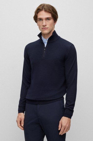 Suéteres Hugo Boss Mixed-material Zip-neck In Lana-cotton Blends Hombre Azules Oscuro | 43612-IELM
