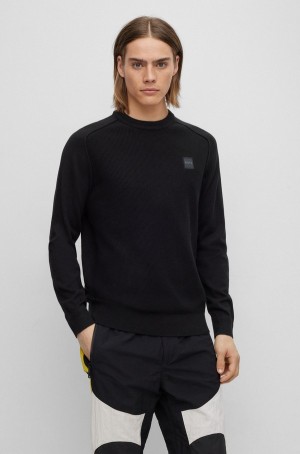 Suéteres Hugo Boss Mixed-structure Algodon-cashmere With Woven Label Hombre Negros | 02197-AHYD