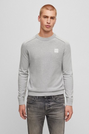 Suéteres Hugo Boss Mixed-structure Algodon-cashmere With Woven Label Hombre Grises Claro | 90147-LVRA