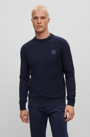 Suéteres Hugo Boss Mixed-structure Algodon-cashmere With Woven Label Hombre Azules Oscuro | 76852-JMKL