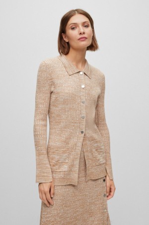 Suéteres Hugo Boss Mouliné Acanalado Cardigan With Metallic Monogram Buttons Mujer Beige | 18970-NKXU