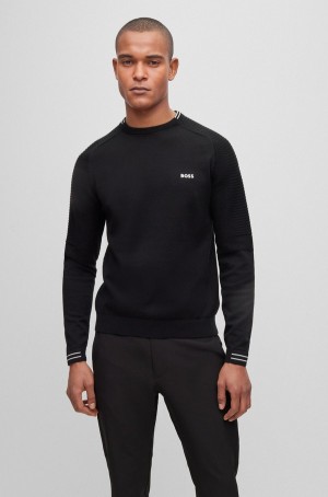 Suéteres Hugo Boss Organic-cotton Regular-fit With Logo And Tipping Hombre Negros | 16928-IBOF