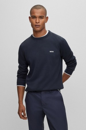 Suéteres Hugo Boss Organic-cotton Regular-fit With Curved Logo Hombre Azules Oscuro | 85649-YTFD