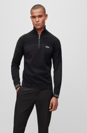 Suéteres Hugo Boss Organic-cotton Zip-neck With Logo Print Hombre Negros | 97543-YQGO