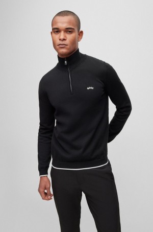 Suéteres Hugo Boss Organic-cotton Zip-neck With Curved Logo Hombre Negros | 85961-JWHR
