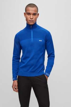 Suéteres Hugo Boss Organic-cotton Zip-neck With Logo Print Hombre Azules | 19826-MJWK