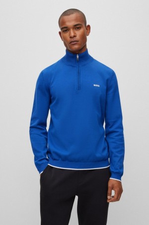 Suéteres Hugo Boss Organic-cotton Zip-neck With Curved Logo Hombre Azules | 89657-ASGR