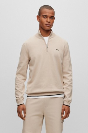 Suéteres Hugo Boss Organic-cotton Zip-neck With Curved Logo Hombre Beige | 96458-DOLF