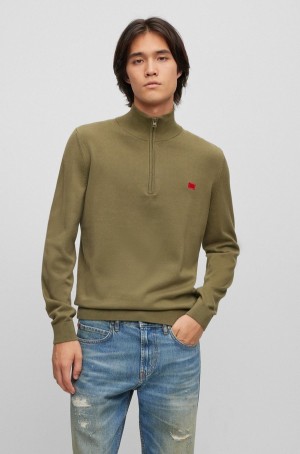 Suéteres Hugo Boss Organic-cotton Zip-neck With Red Logo Label Hombre Verdes Oscuro | 83609-ZVIH