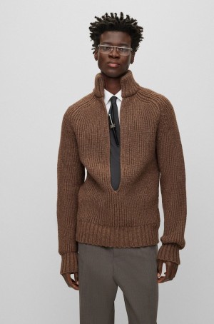 Suéteres Hugo Boss Relaxed-fit V-neck In A Lana And Silk Blend Hombre Marrom | 27159-RSUZ