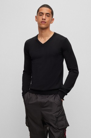 Suéteres Hugo Boss Slim-fit V-neck In Virgin Lana Hombre Negros | 59274-OMKF