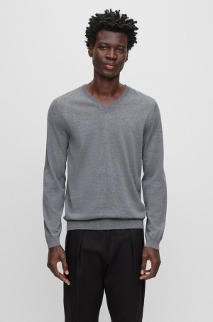 Suéteres Hugo Boss Slim-fit V-neck In Virgin Lana Hombre Grises | 06981-OMDE