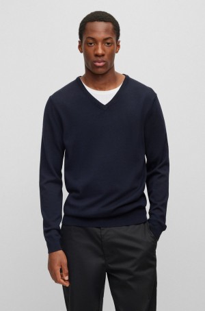 Suéteres Hugo Boss Slim-fit V-neck In Virgin Lana Hombre Azules Oscuro | 19265-SYBW