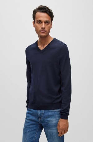 Suéteres Hugo Boss Slim-fit V-neck In Virgin Lana Hombre Azules Oscuro | 93716-ZIJP