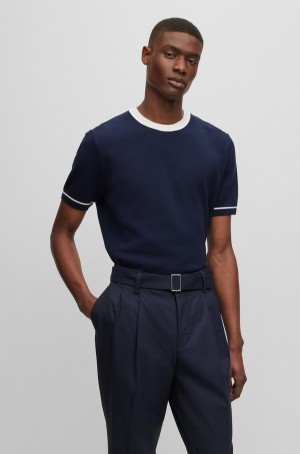 Suéteres Hugo Boss Structured-cotton Regular-fit With Contrast Tipping Hombre Azules Oscuro | 58237-DHUW