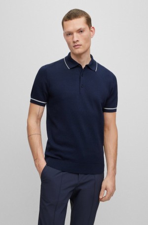 Suéteres Hugo Boss Structured-cotton Regular-fit With Contrast Tipping Hombre Azules Oscuro | 91025-NUHY