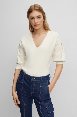 Suéteres Hugo Boss V-neck With Puff Sleeves Mujer Blancos | 16780-BMJX