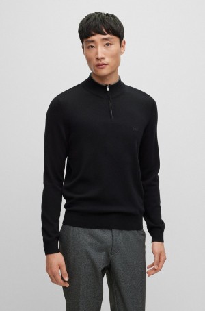 Suéteres Hugo Boss Zip-neck In Virgin Lana With Embroidered Logo Hombre Negros | 71089-ECMF