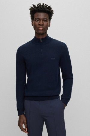 Suéteres Hugo Boss Zip-neck In Virgin Lana With Embroidered Logo Hombre Azules Oscuro | 56087-WPAX