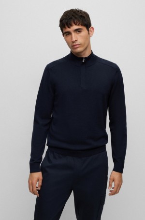 Suéteres Hugo Boss Zip-neck Troyer In Algodon And Virgin Lana Hombre Azules Oscuro | 83726-TZJR
