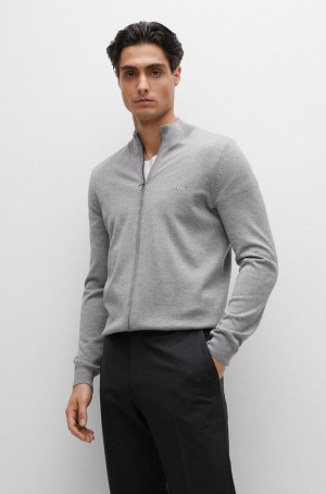 Suéteres Hugo Boss Zip-up Cardigan In Virgin Lana With Embroidered Logo Hombre Plateados | 40837-OJCR