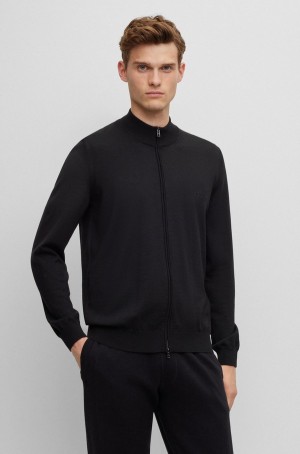 Suéteres Hugo Boss Zip-up Cardigan In Virgin Lana With Embroidered Logo Hombre Negros | 52481-EOHI