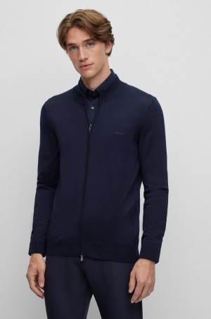 Suéteres Hugo Boss Zip-up Cardigan In Virgin Lana With Embroidered Logo Hombre Azules Oscuro | 17265-VRYD