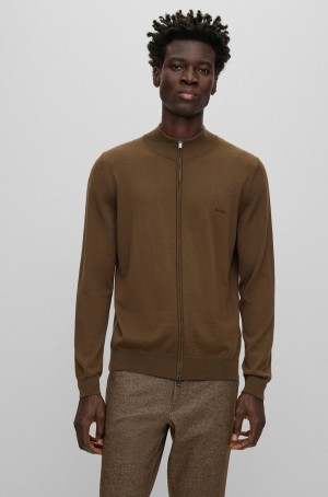Suéteres Hugo Boss Zip-up Cardigan In Virgin Lana With Embroidered Logo Hombre Marrom Oscuro | 01786-WDLE