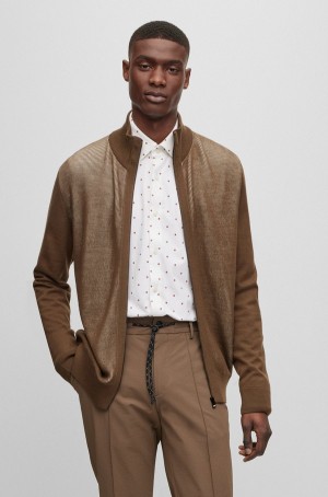 Suéteres Hugo Boss Zip-up Cardigan With Mixed Structures Hombre Kaki | 64215-QXIJ