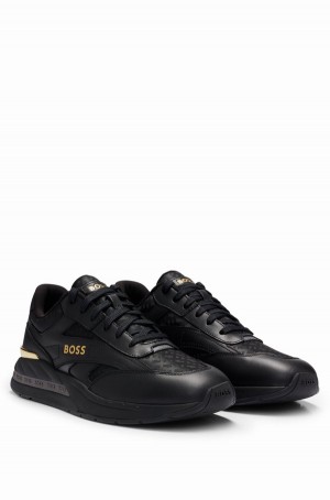 Tenis Hugo Boss Mixed-material With Cuero And Monogram Jacquard Hombre Negros | 41795-KJWP