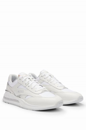 Tenis Hugo Boss Mixed-material With Cuero And Monogram Jacquard Hombre Blancos | 20764-RVPF
