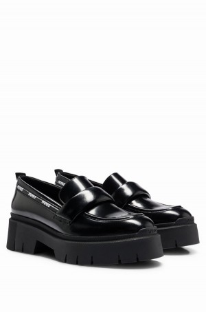 Tenis Planos Hugo Boss Fornido-sole In Cuero With Logo Trim Mujer Negros | 26519-JMBK
