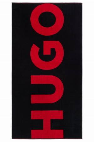 Toalla Hugo Boss Beach In Organic Algodon With Red Logo Hombre Negros | 20879-PTNR
